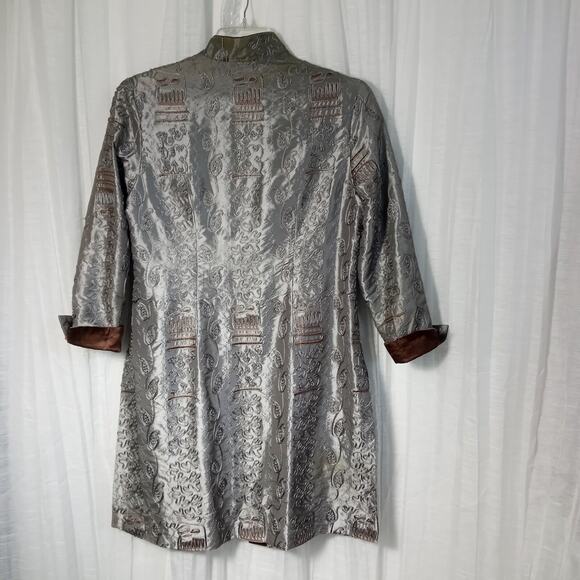 Vintage TANG JACKET Silk Satin Gray Brown Embellished Long Suit Coat Large XL - Picture 3 of 10